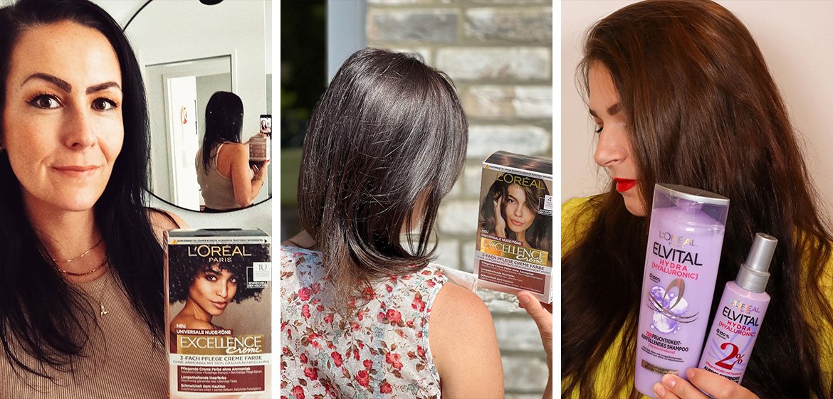 Collage aus drei Bildern mit Frauen, die ihre gefärbten Haare zeigen